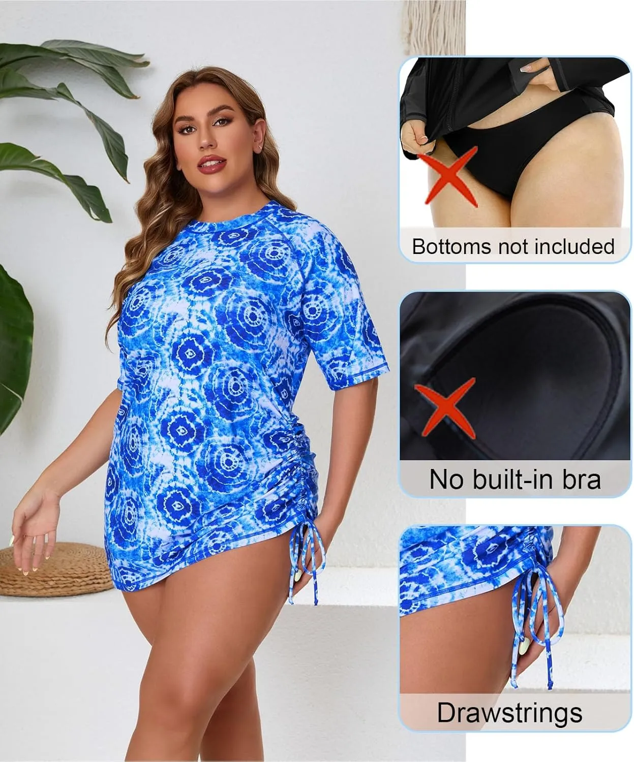 Halcurt Women's Plus Size Short Sleeve Rash Guard Ruched Side Drawstring Adjustable Swim Shirt UPF50 Quick Dry Swimsuit Top
