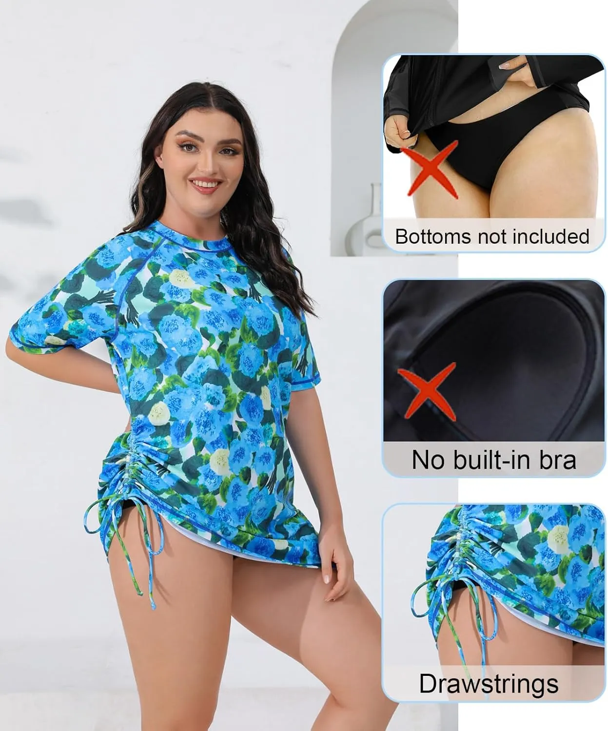 Halcurt Women's Plus Size Short Sleeve Rash Guard Ruched Side Drawstring Adjustable Swim Shirt UPF50 Quick Dry Swimsuit Top