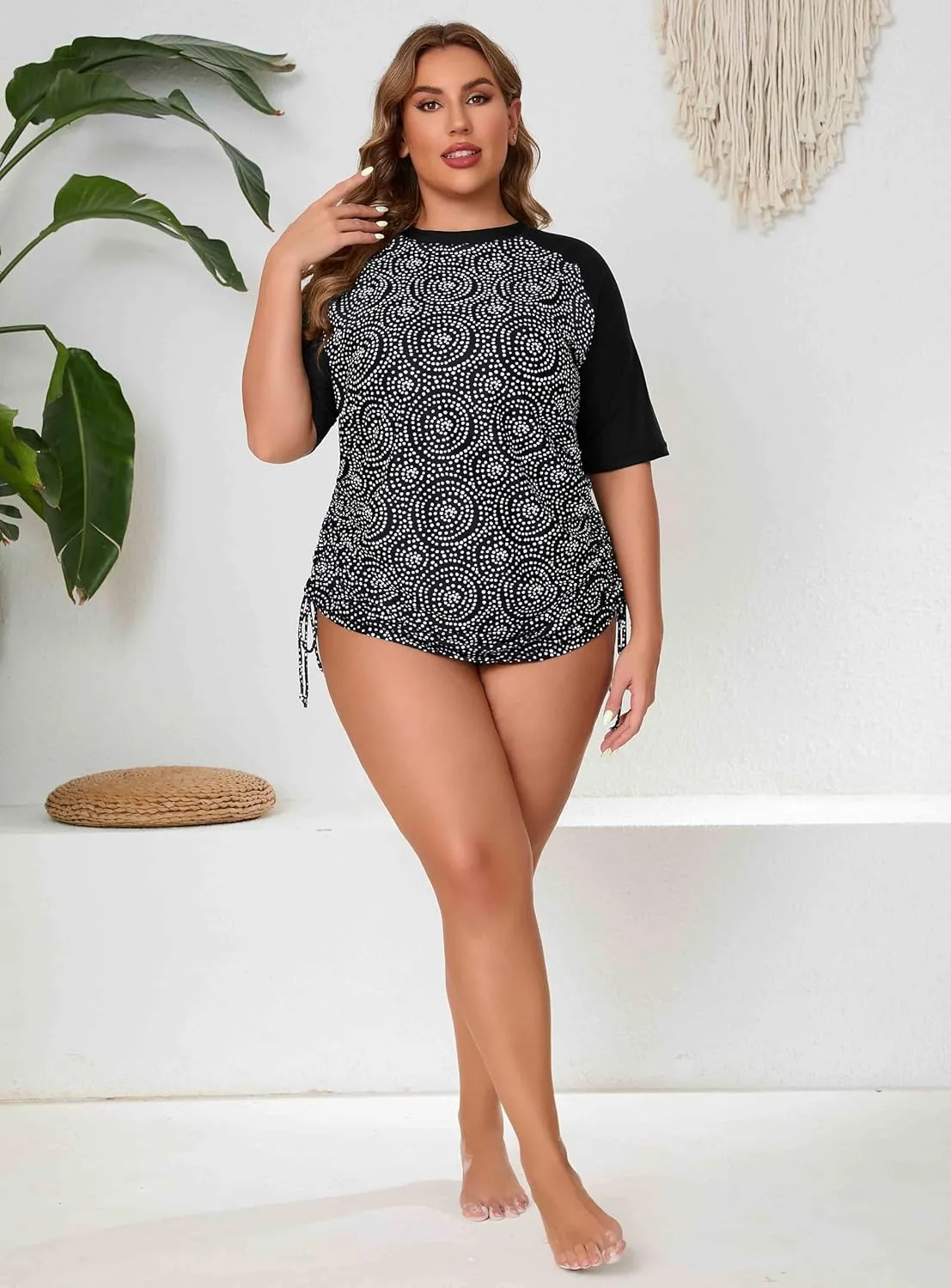 Halcurt Women's Plus Size Short Sleeve Rash Guard Ruched Side Drawstring Adjustable Swim Shirt UPF50 Quick Dry Swimsuit Top