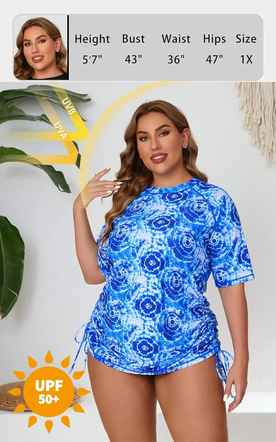 Halcurt Women's Plus Size Short Sleeve Rash Guard Ruched Side Drawstring Adjustable Swim Shirt UPF50 Quick Dry Swimsuit Top