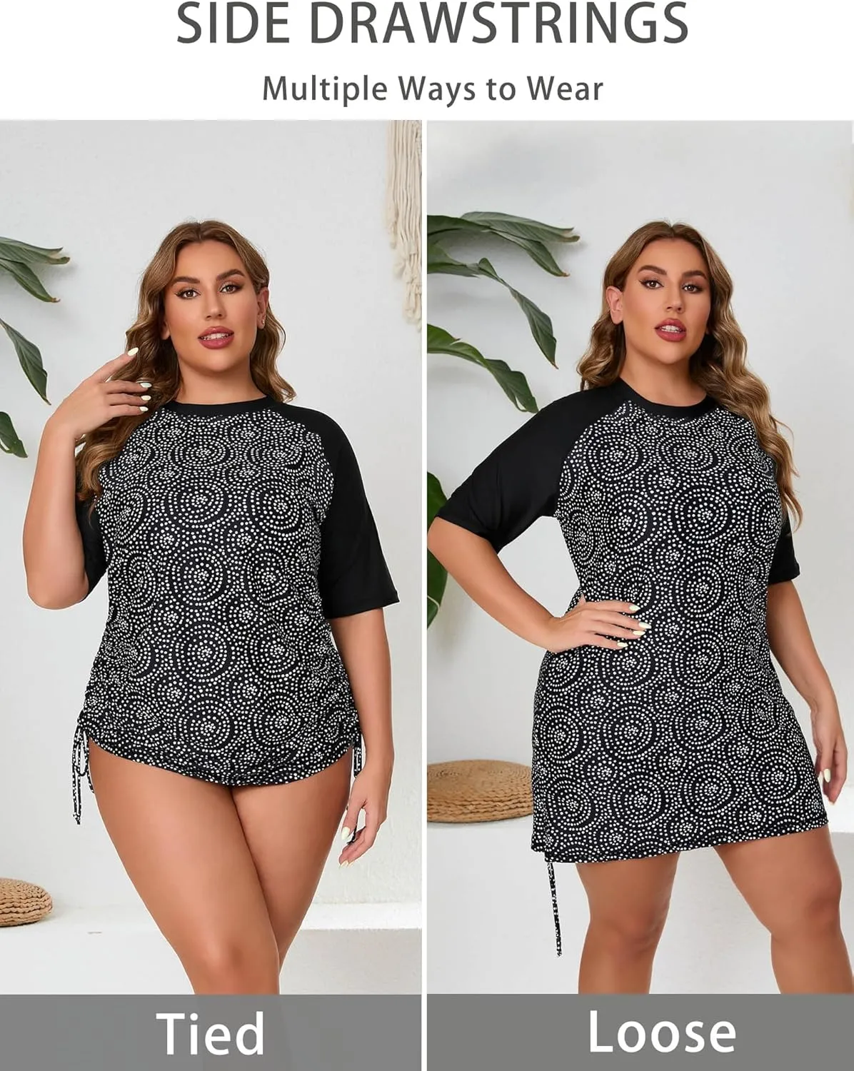 Halcurt Women's Plus Size Short Sleeve Rash Guard Ruched Side Drawstring Adjustable Swim Shirt UPF50 Quick Dry Swimsuit Top