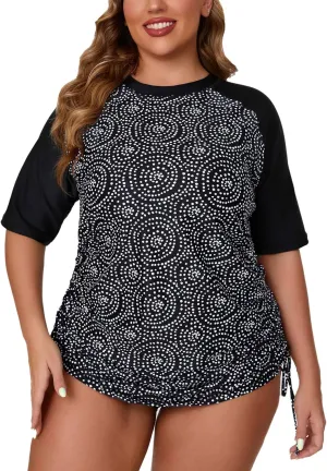 Halcurt Women's Plus Size Short Sleeve Rash Guard Ruched Side Drawstring Adjustable Swim Shirt UPF50 Quick Dry Swimsuit Top