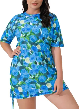 Halcurt Women's Plus Size Short Sleeve Rash Guard Ruched Side Drawstring Adjustable Swim Shirt UPF50 Quick Dry Swimsuit Top
