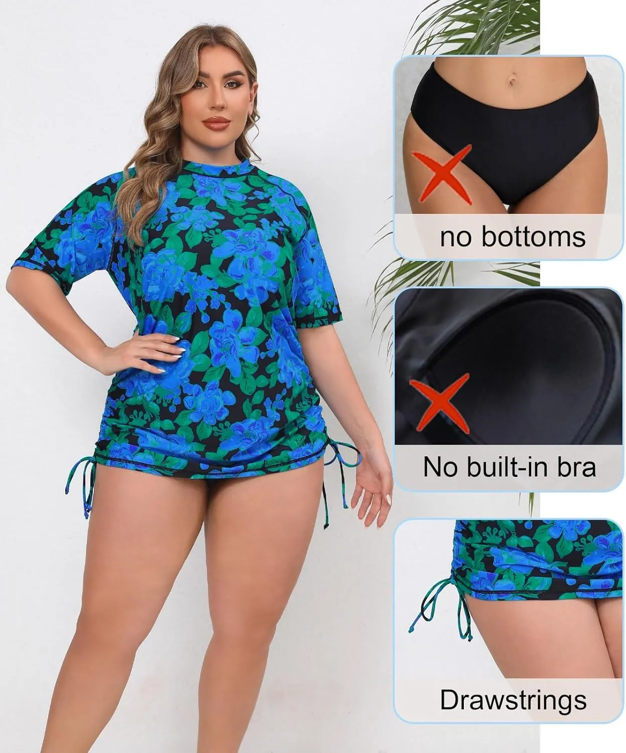Halcurt Women's Plus Size Short Sleeve Rash Guard Ruched Side Drawstring Adjustable Swim Shirt UPF50 Quick Dry Swimsuit Top