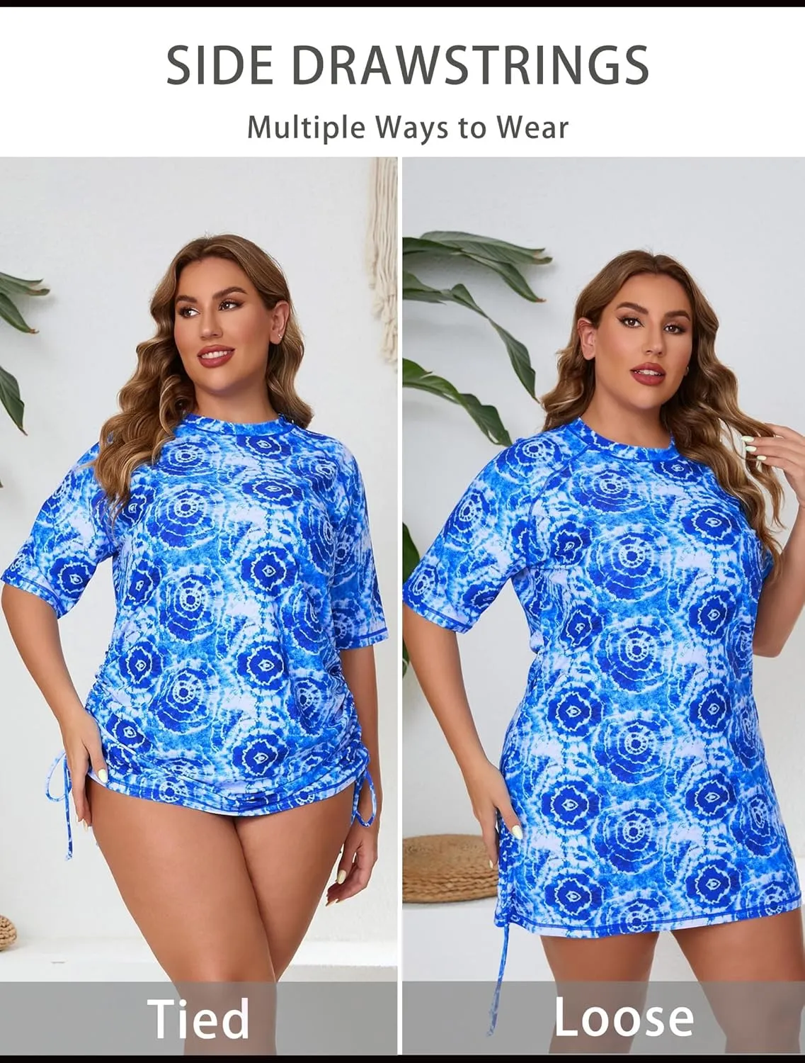 Halcurt Women's Plus Size Short Sleeve Rash Guard Ruched Side Drawstring Adjustable Swim Shirt UPF50 Quick Dry Swimsuit Top