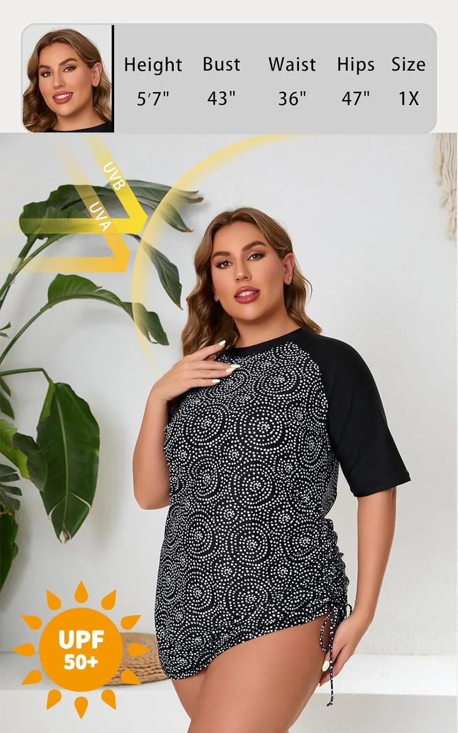 Halcurt Women's Plus Size Short Sleeve Rash Guard Ruched Side Drawstring Adjustable Swim Shirt UPF50 Quick Dry Swimsuit Top