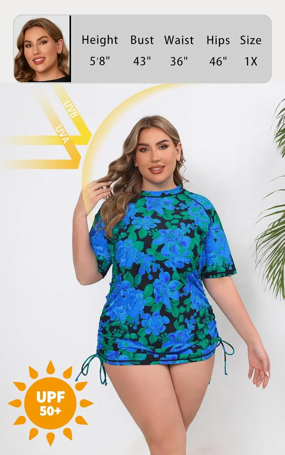 Halcurt Women's Plus Size Short Sleeve Rash Guard Ruched Side Drawstring Adjustable Swim Shirt UPF50 Quick Dry Swimsuit Top