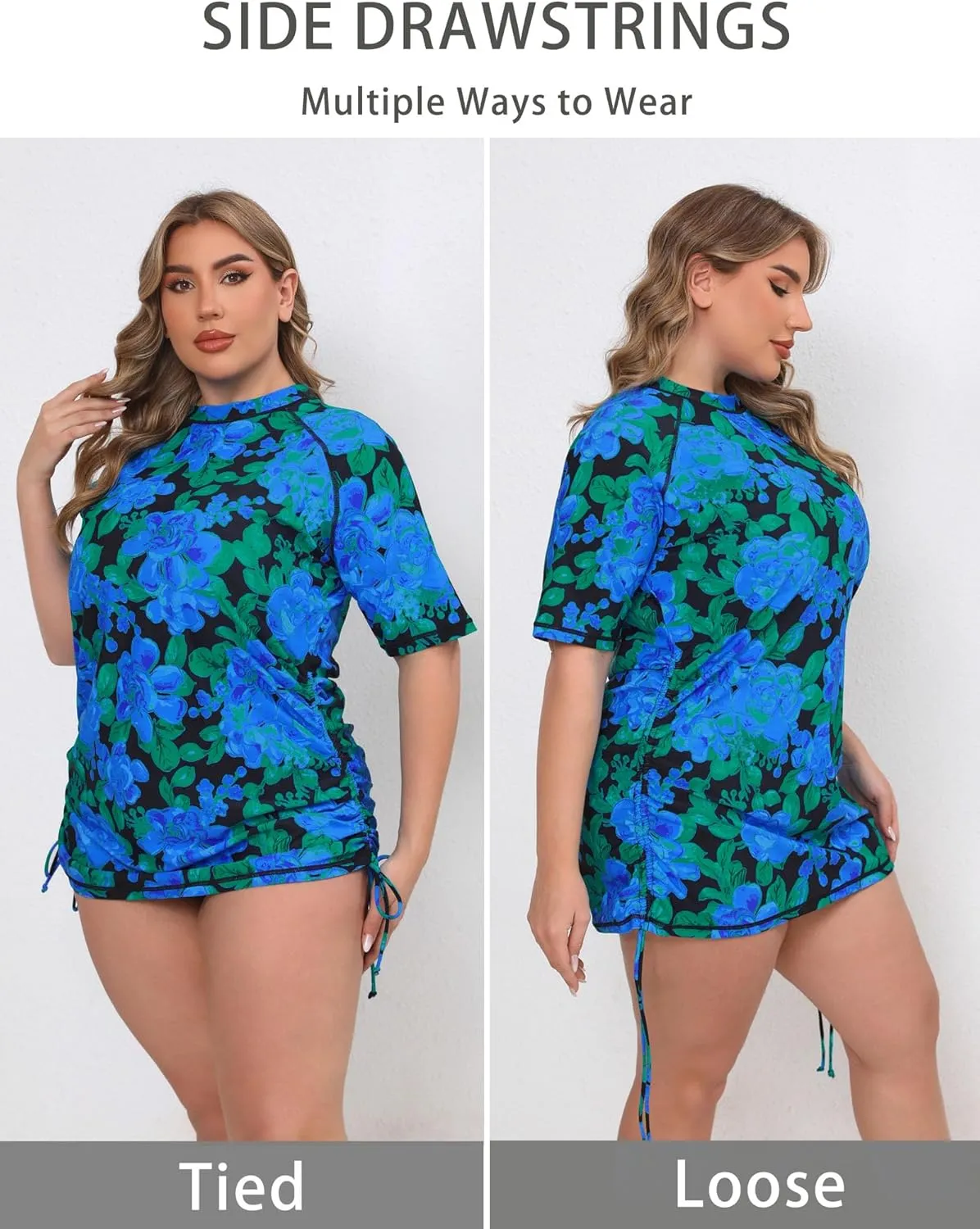 Halcurt Women's Plus Size Short Sleeve Rash Guard Ruched Side Drawstring Adjustable Swim Shirt UPF50 Quick Dry Swimsuit Top