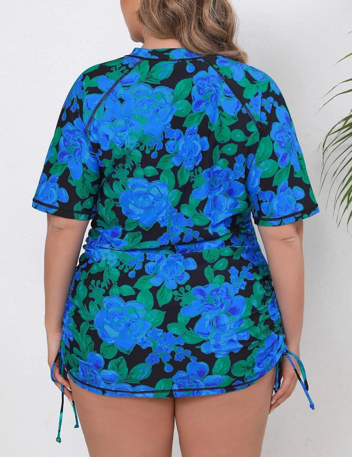 Halcurt Women's Plus Size Short Sleeve Rash Guard Ruched Side Drawstring Adjustable Swim Shirt UPF50 Quick Dry Swimsuit Top
