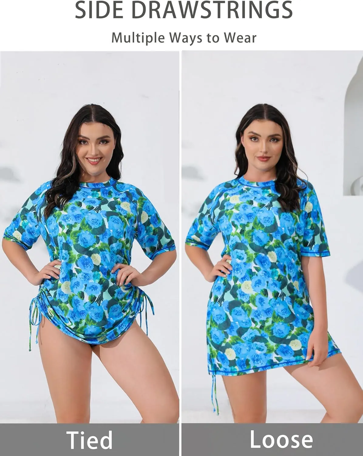 Halcurt Women's Plus Size Short Sleeve Rash Guard Ruched Side Drawstring Adjustable Swim Shirt UPF50 Quick Dry Swimsuit Top