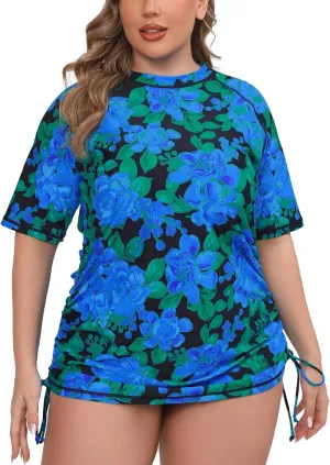 Halcurt Women's Plus Size Short Sleeve Rash Guard Ruched Side Drawstring Adjustable Swim Shirt UPF50 Quick Dry Swimsuit Top