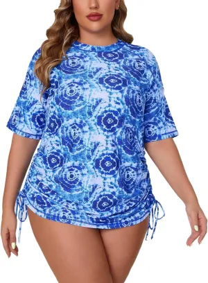 Halcurt Women's Plus Size Short Sleeve Rash Guard Ruched Side Drawstring Adjustable Swim Shirt UPF50 Quick Dry Swimsuit Top