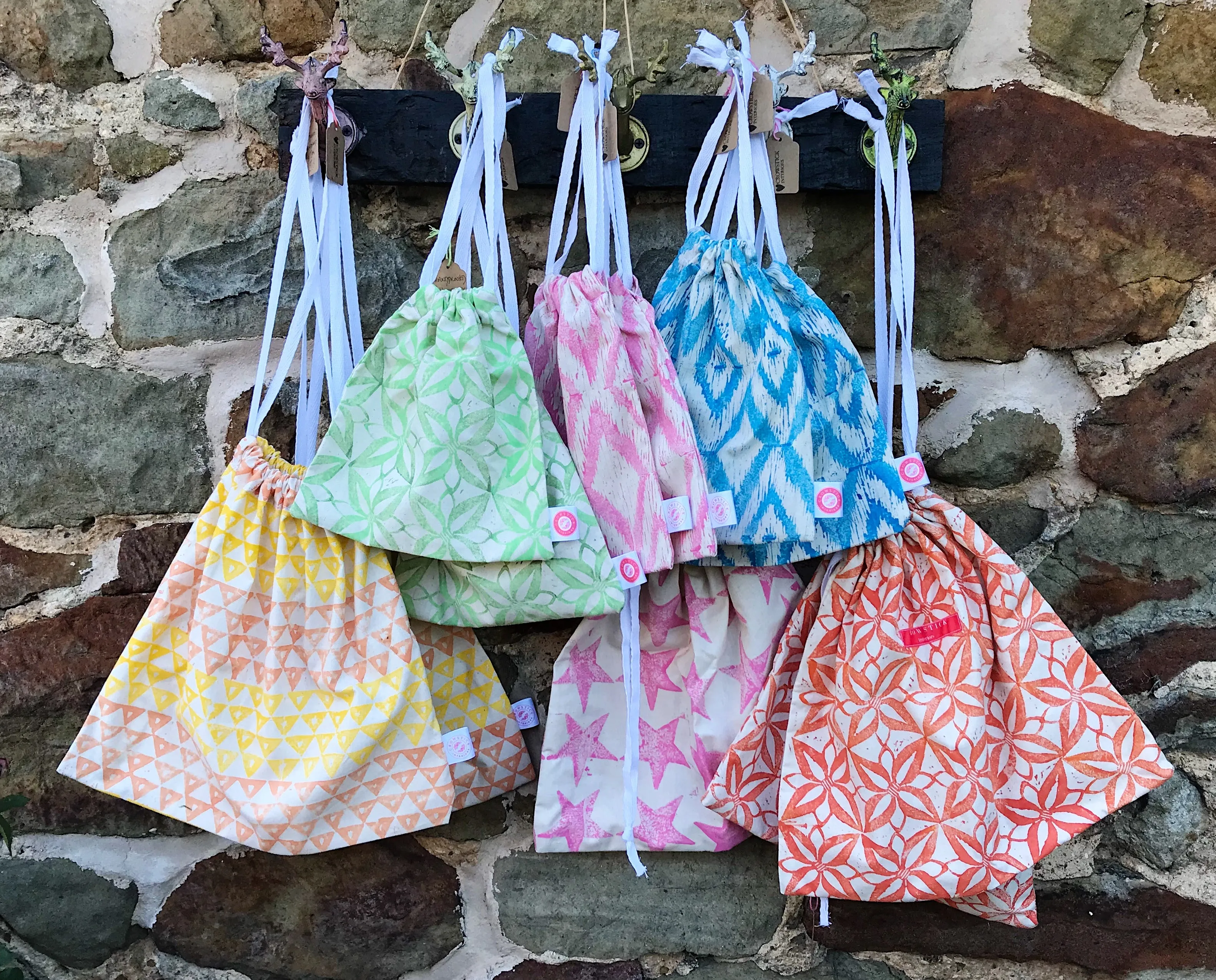 Hand Block Printed, Green Drawstring Bag - Small
