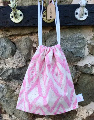 Hand Block Printed, Pink Drawstring Bag - Small