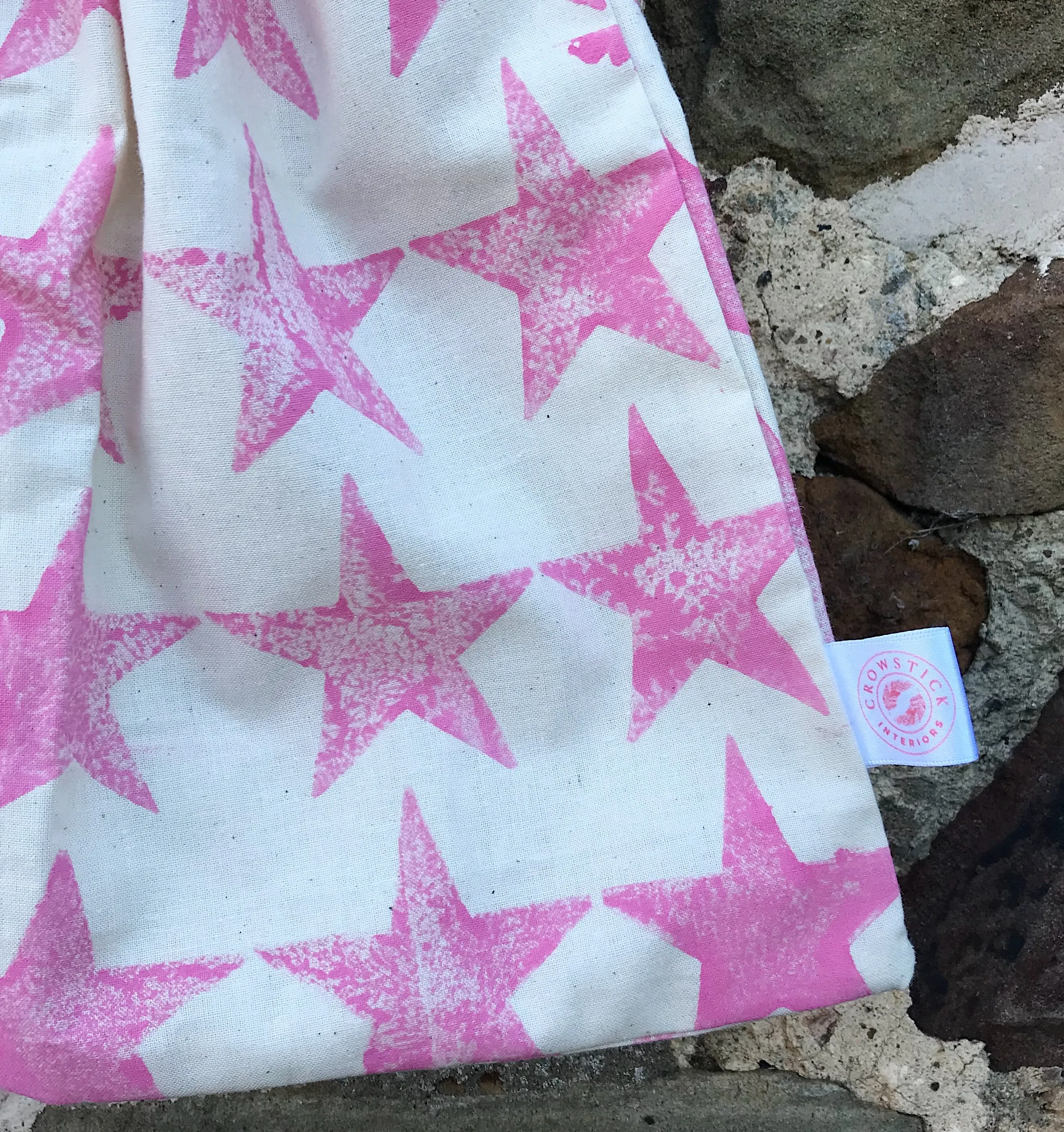 Hand Block Printed, Pink Star Drawstring Bag - Large