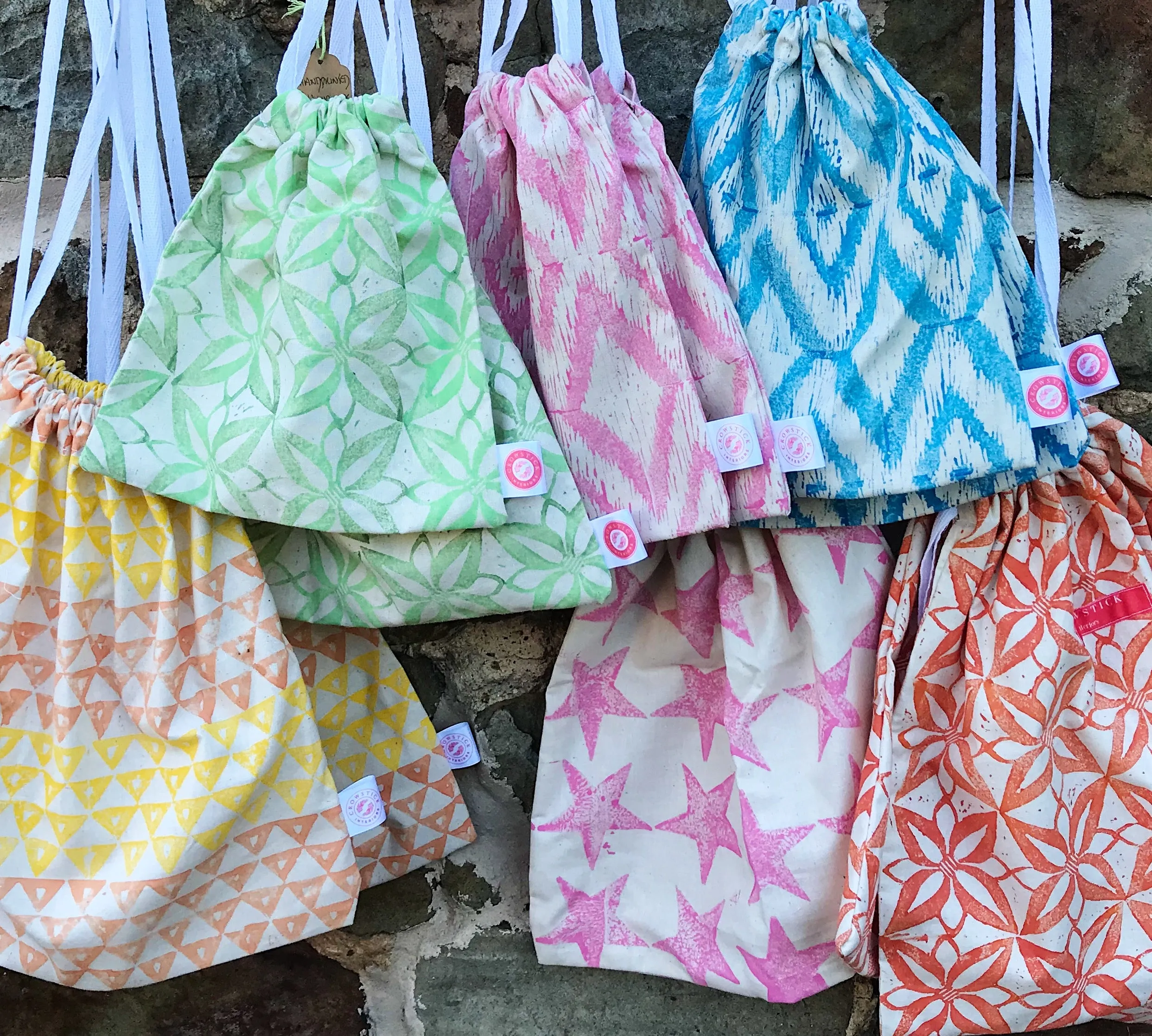 Hand Block Printed, Pink Star Drawstring Bag - Large