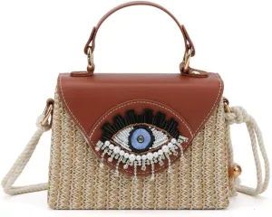 Handmade Bohemian Style Straw Handbag with Evil Eye Embellishment, Novelty Funny Crystal Decor Box Crossbody Bag Tote Clutch