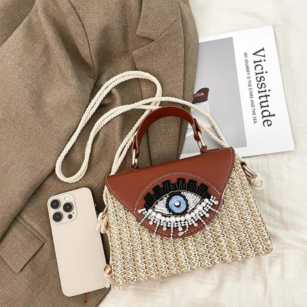 Handmade Bohemian Style Straw Handbag with Evil Eye Embellishment, Novelty Funny Crystal Decor Box Crossbody Bag Tote Clutch