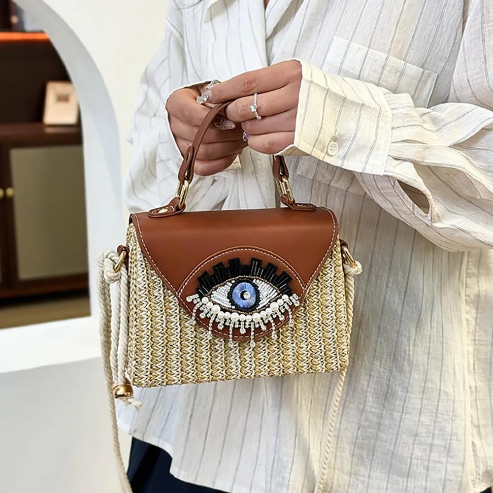 Handmade Bohemian Style Straw Handbag with Evil Eye Embellishment, Novelty Funny Crystal Decor Box Crossbody Bag Tote Clutch