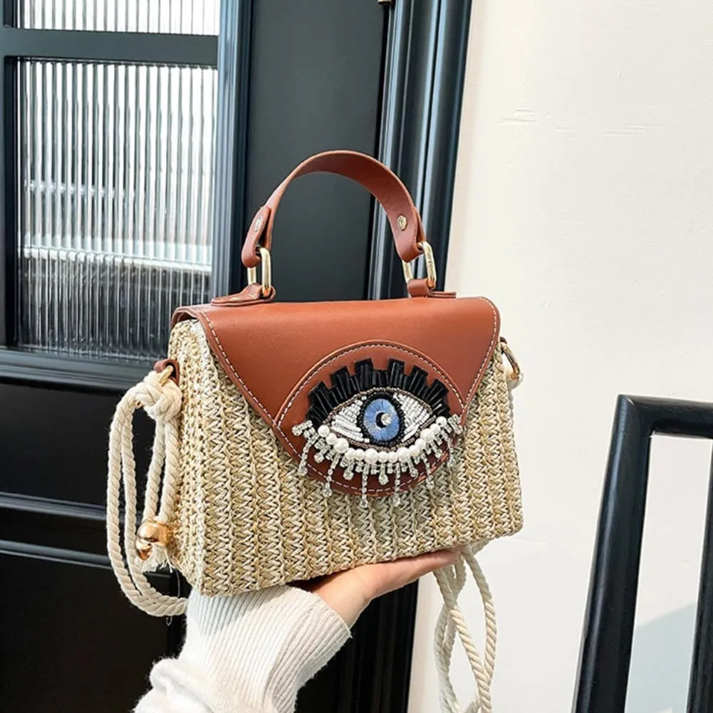 Handmade Bohemian Style Straw Handbag with Evil Eye Embellishment, Novelty Funny Crystal Decor Box Crossbody Bag Tote Clutch