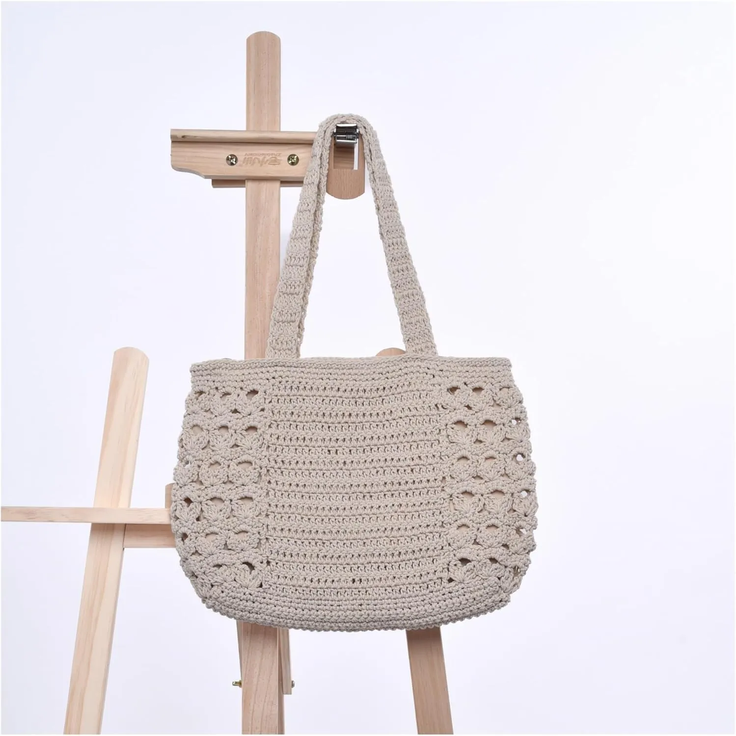 Handmade Cotton Crochet Hollow Shoulder Bag, Tote Bag, Holiday Tote Bag(Beige)