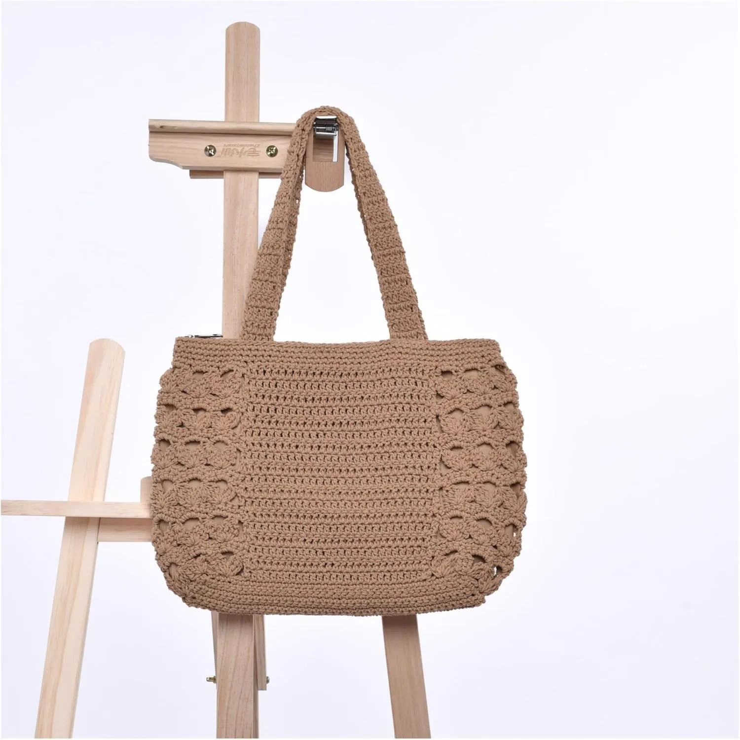 Handmade Cotton Crochet Hollow Shoulder Bag, Tote Bag, Holiday Tote Bag(Beige)