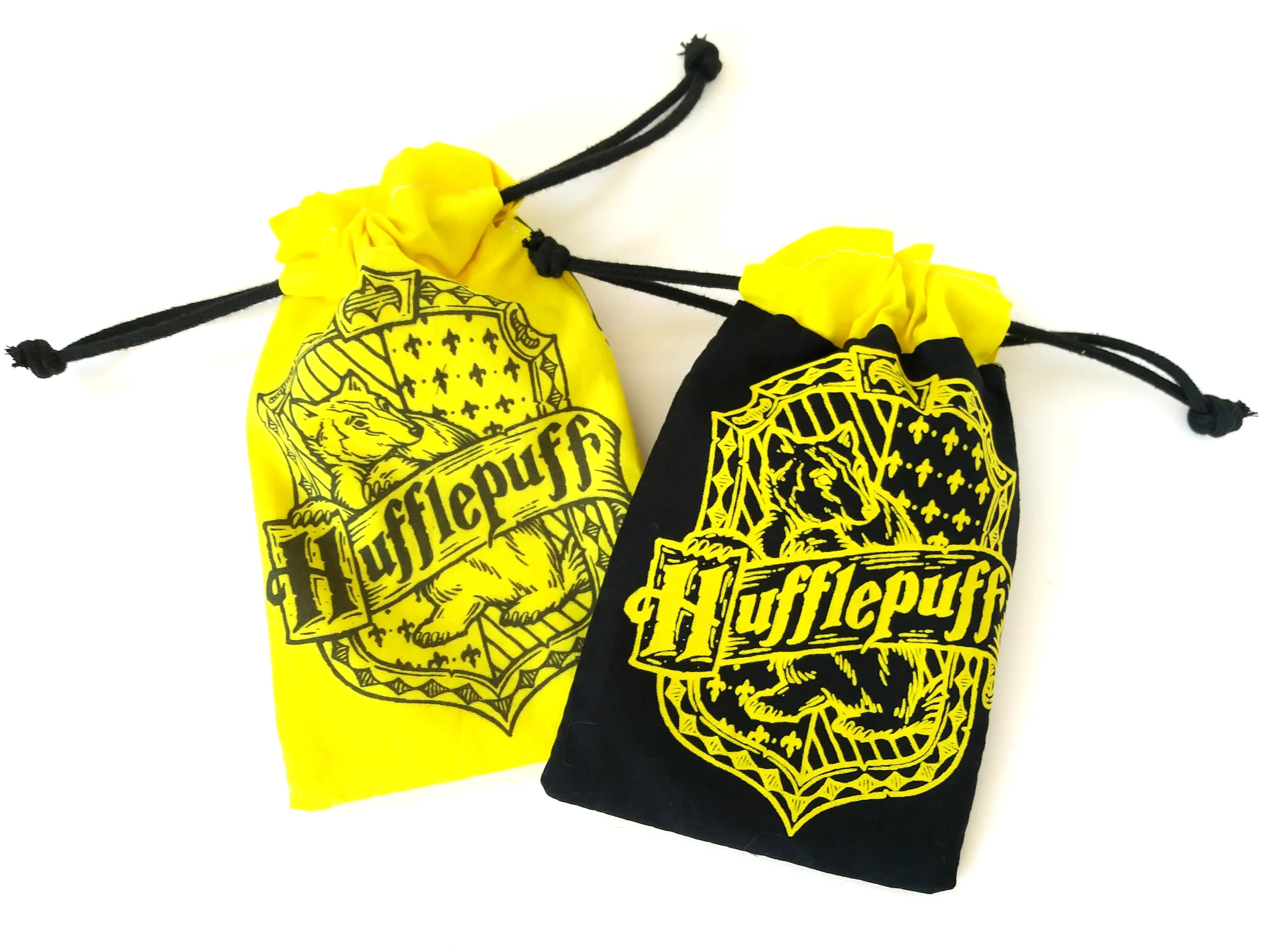 Handmade Drawstring bag - Printed Black Hufflepuff