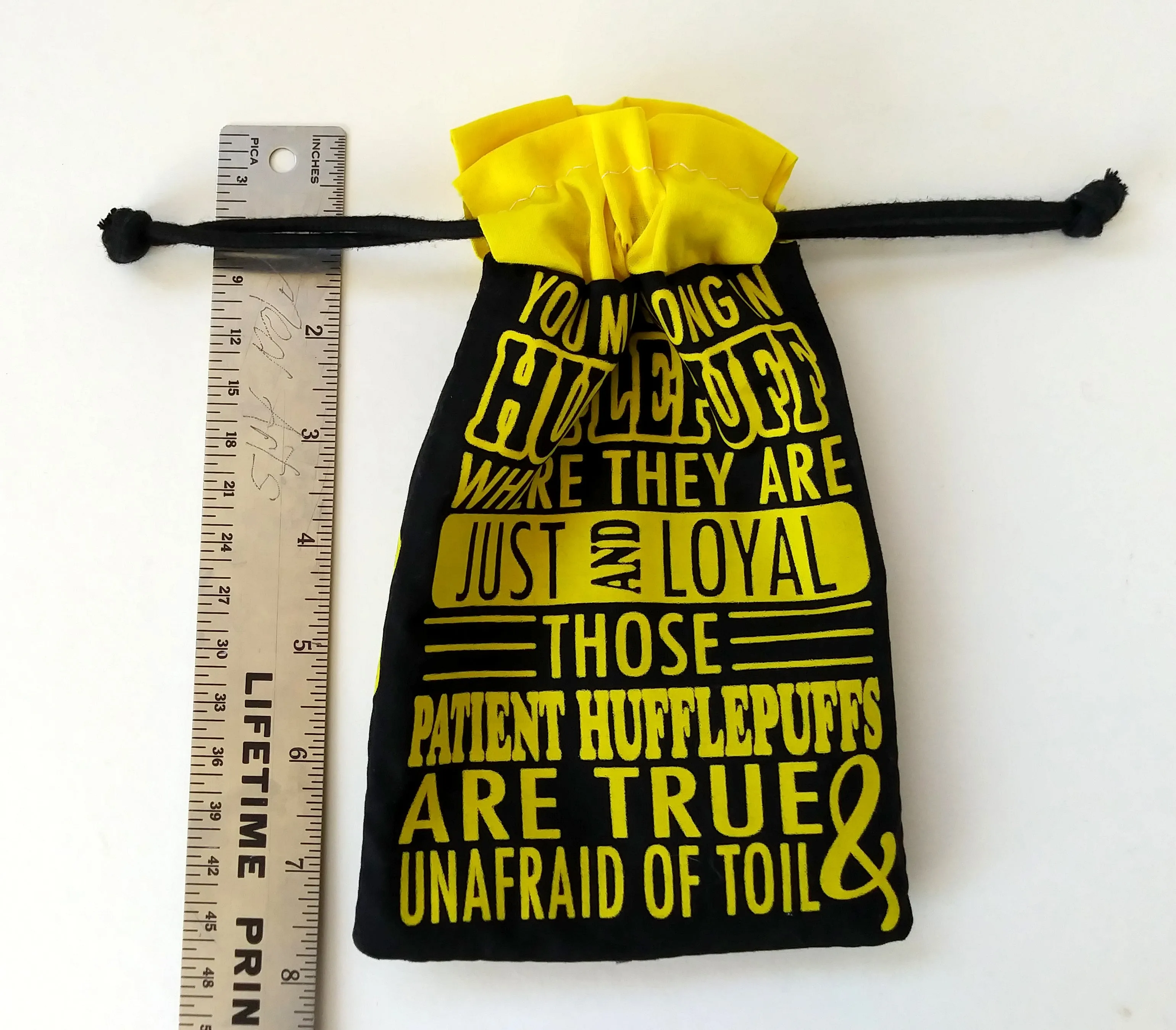 Handmade Drawstring bag - Printed Black Hufflepuff