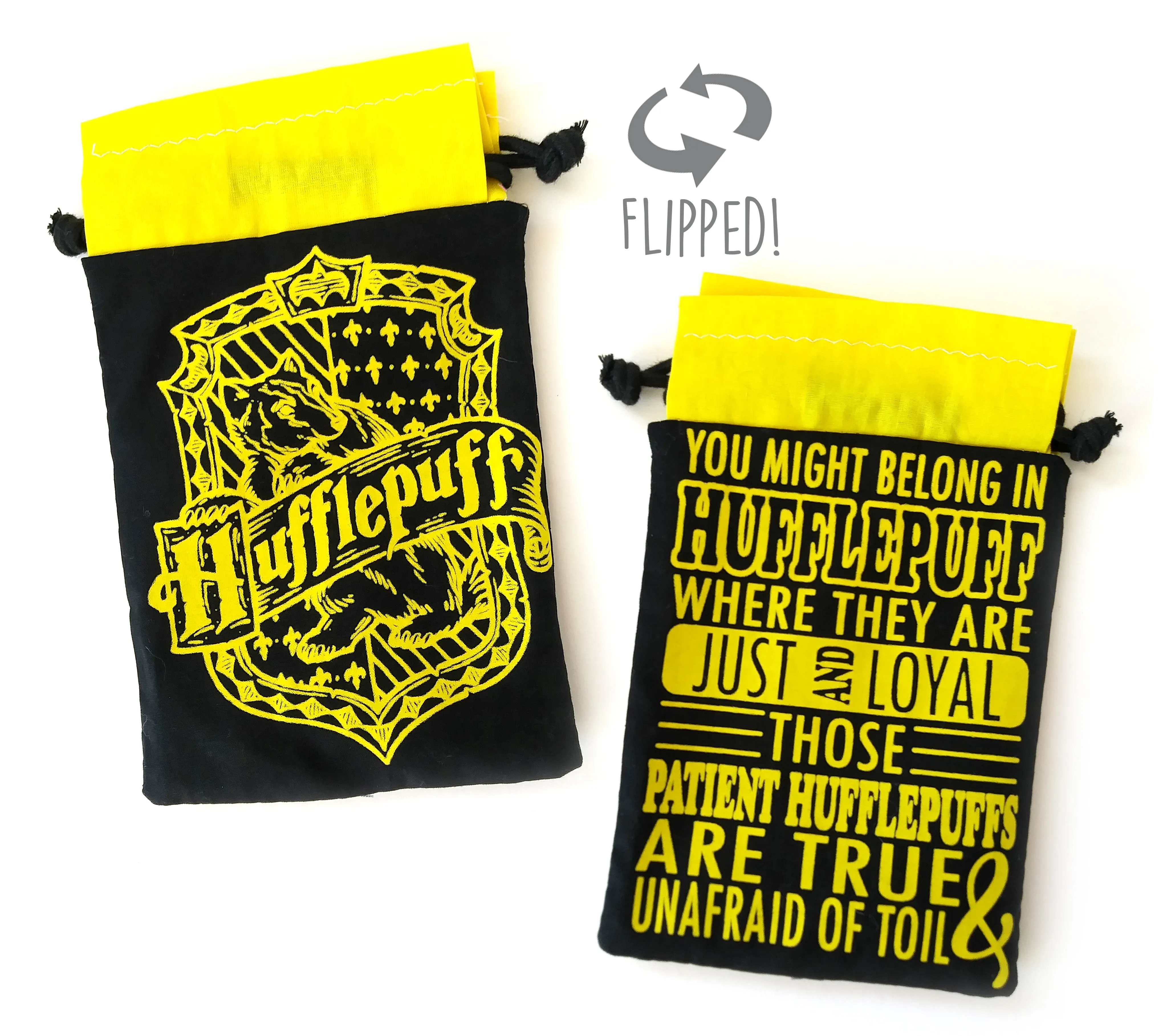 Handmade Drawstring bag - Printed Black Hufflepuff