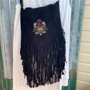 Handmade Suede Black Fringed Purse Royal Crown Patch Bag Boho Hippie Tribal - OOAK