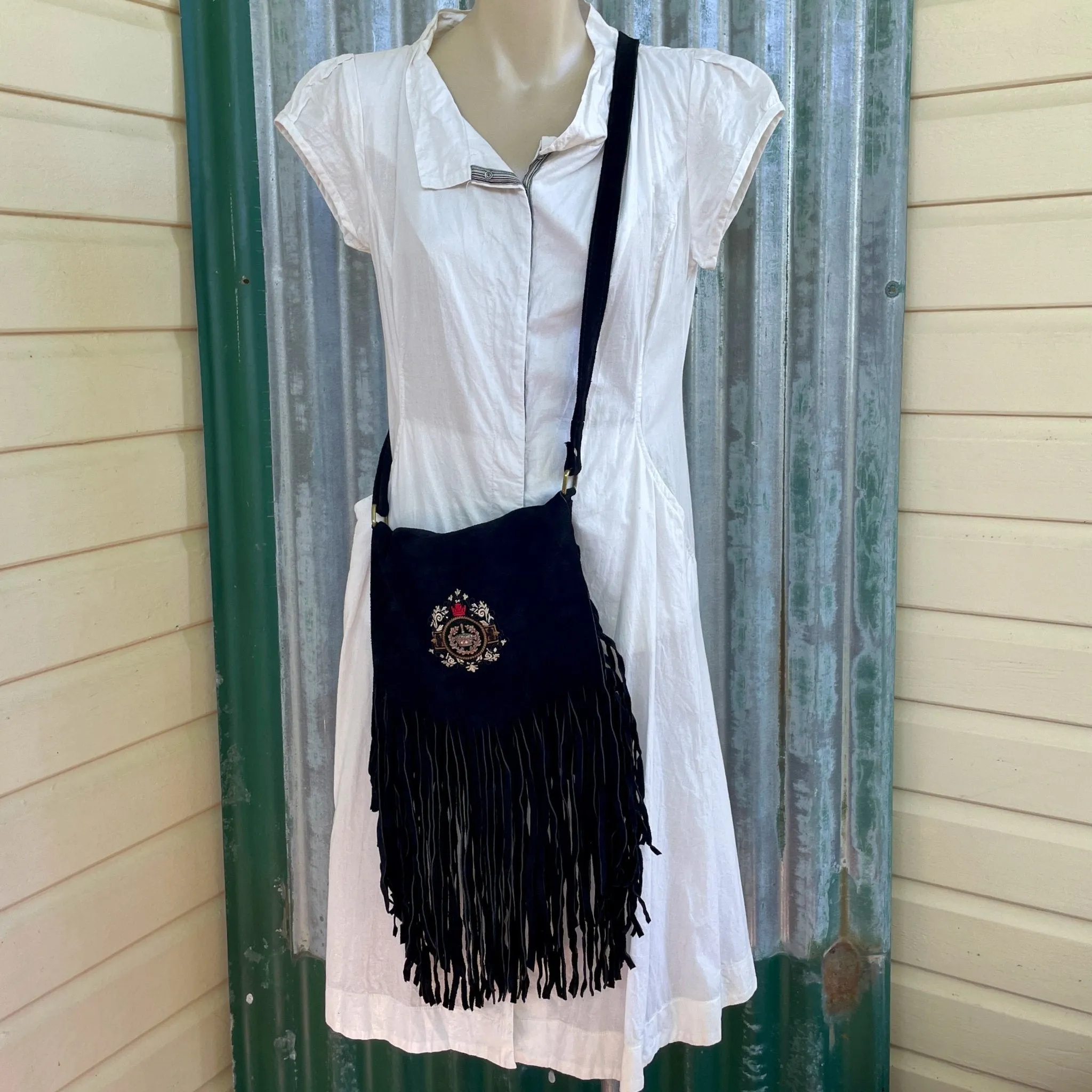 Handmade Suede Black Fringed Purse Royal Crown Patch Bag Boho Hippie Tribal - OOAK