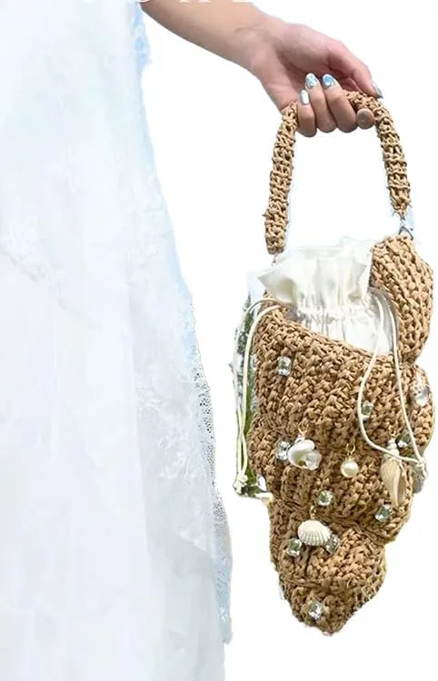 Handwoven Fashion Straw Weaving Seashell Bag – Drawstring Inner Pocket, Beach Vacation Purse with Seashell & Crystal Accents, Eco-Friendly Boho Tote for Outings