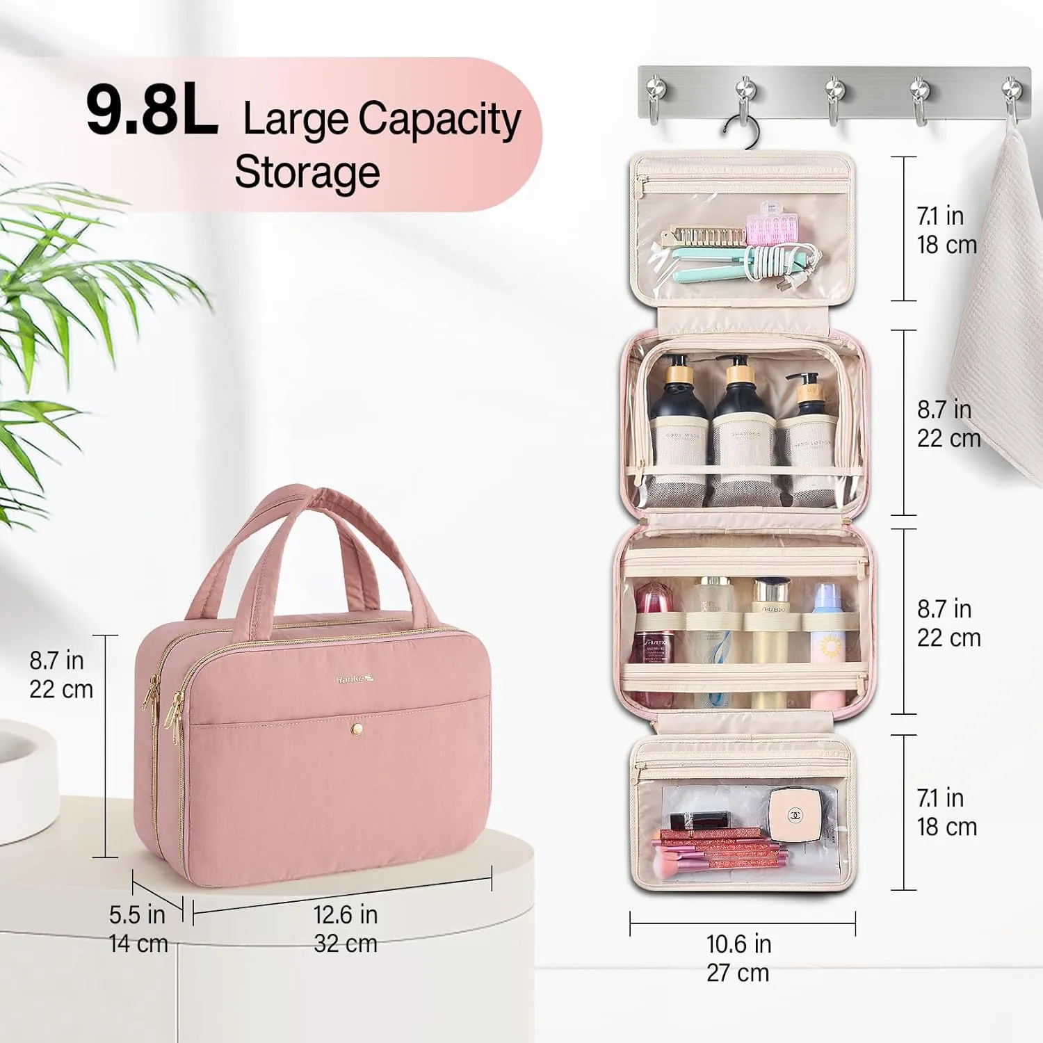 Hanke Hanging Travel Toiletry Bag for Women with Jewelry Organizer Compartment, Travel Essentials Toiletries and Makeup Bag, Water-Resistant & Stain-Resistant with Trolley Strap (Pink)
