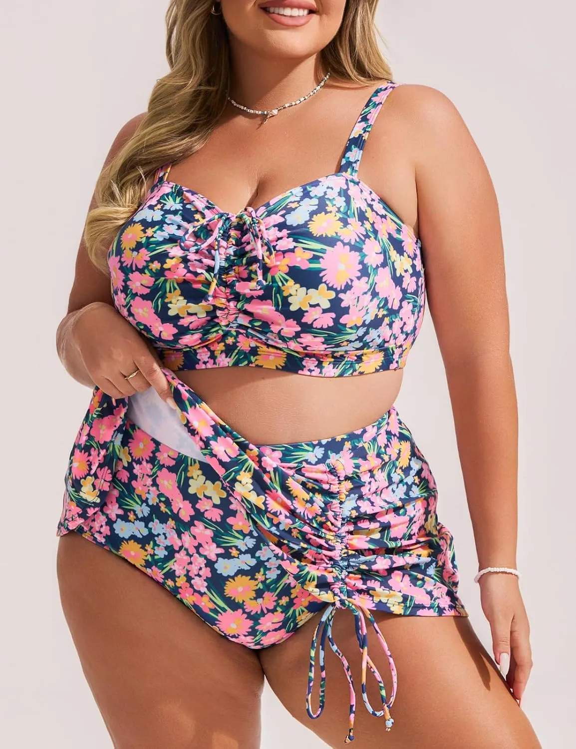 Hanna Nikole Womens High Waisted Bikini Sets Tummy Control Swimsuits Drawstring Swim Skirt Swim Suits for Women 2025