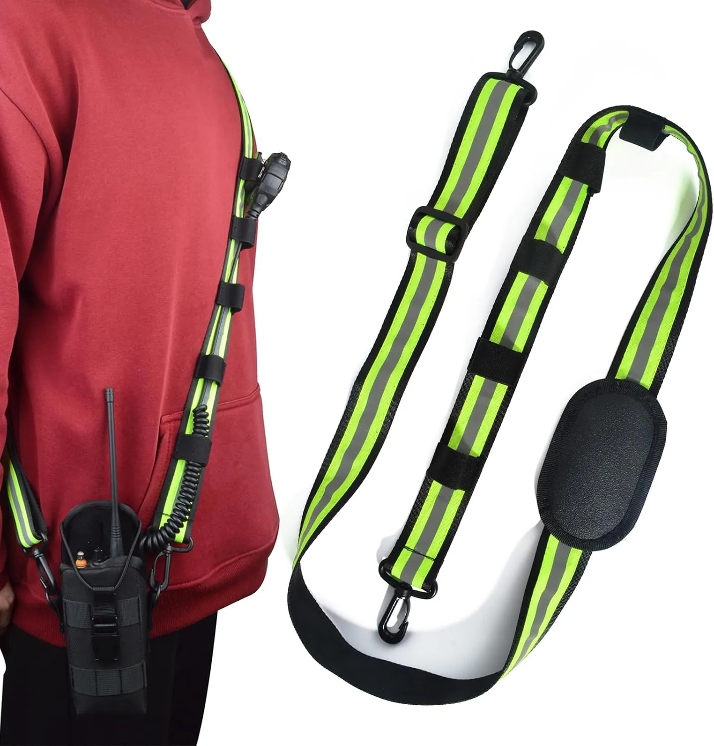High-Visibility Reflective Shoulder Strap for Two-Way Radio Holster, Convert Clip-On Holster to Crossbody Carry, Mic Cable Management & Secure Clip Holder, Adjustable with Heavy-Duty Hook Clips