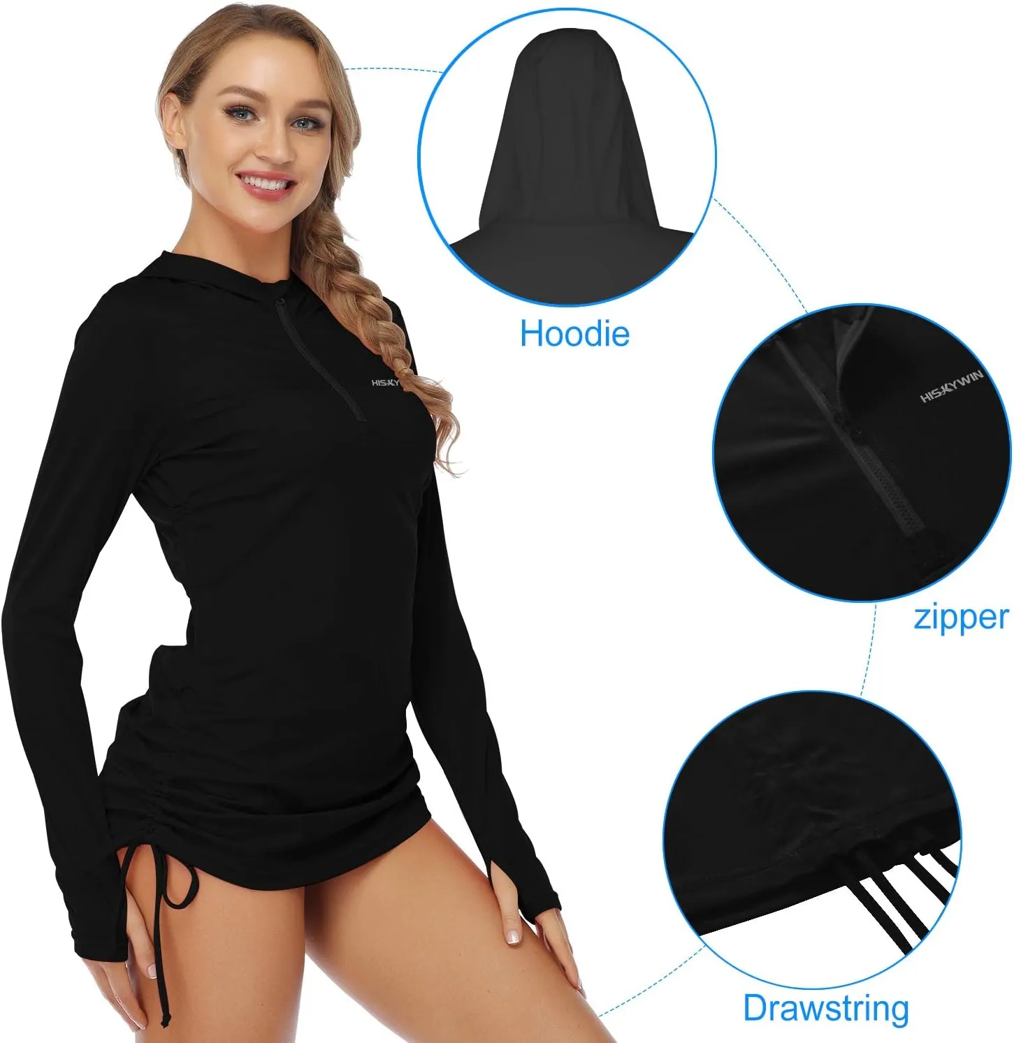 HISKYWIN Womens Hoodie Thumb Hole UV Sun Protection Rash Guard Side Adjustable Wetsuit Swimsuit Top