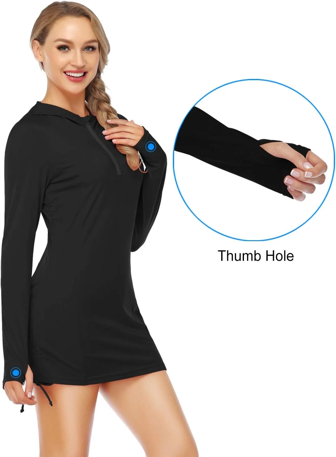 HISKYWIN Womens Hoodie Thumb Hole UV Sun Protection Rash Guard Side Adjustable Wetsuit Swimsuit Top