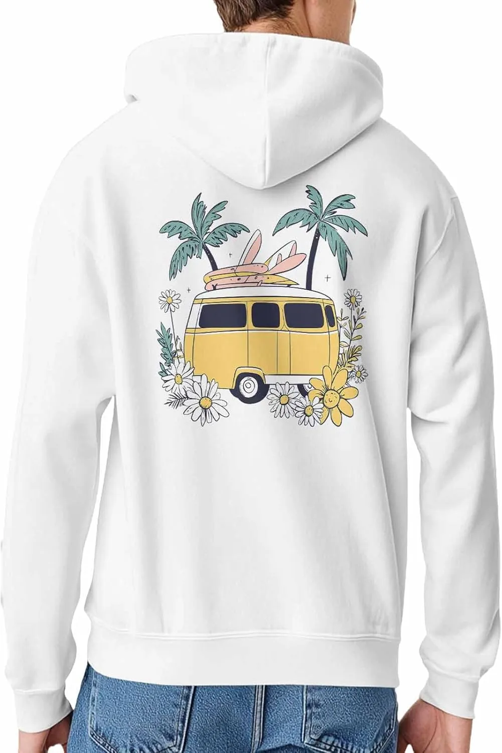 Hoodies for Men Campervan Flower Palm Tree Printed Sweatshirt HoodieDrawstring Long Sleeve Streetwear Hooded Pullover