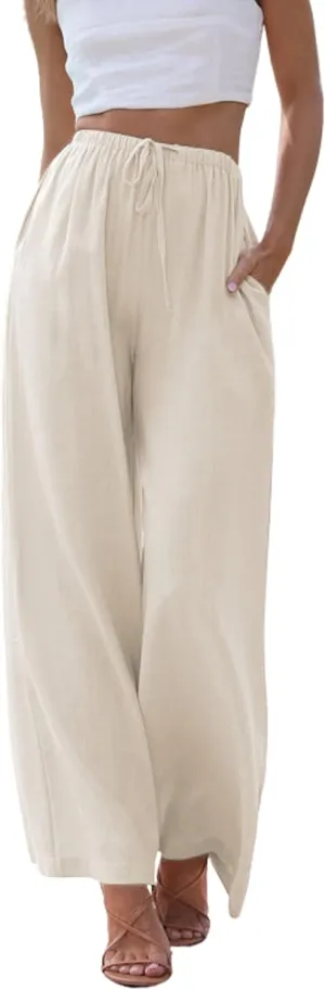 Hooever Women's Wide Leg Cotton Linen Pants High Waist Adjustable Tie Knot Lounge Trousers