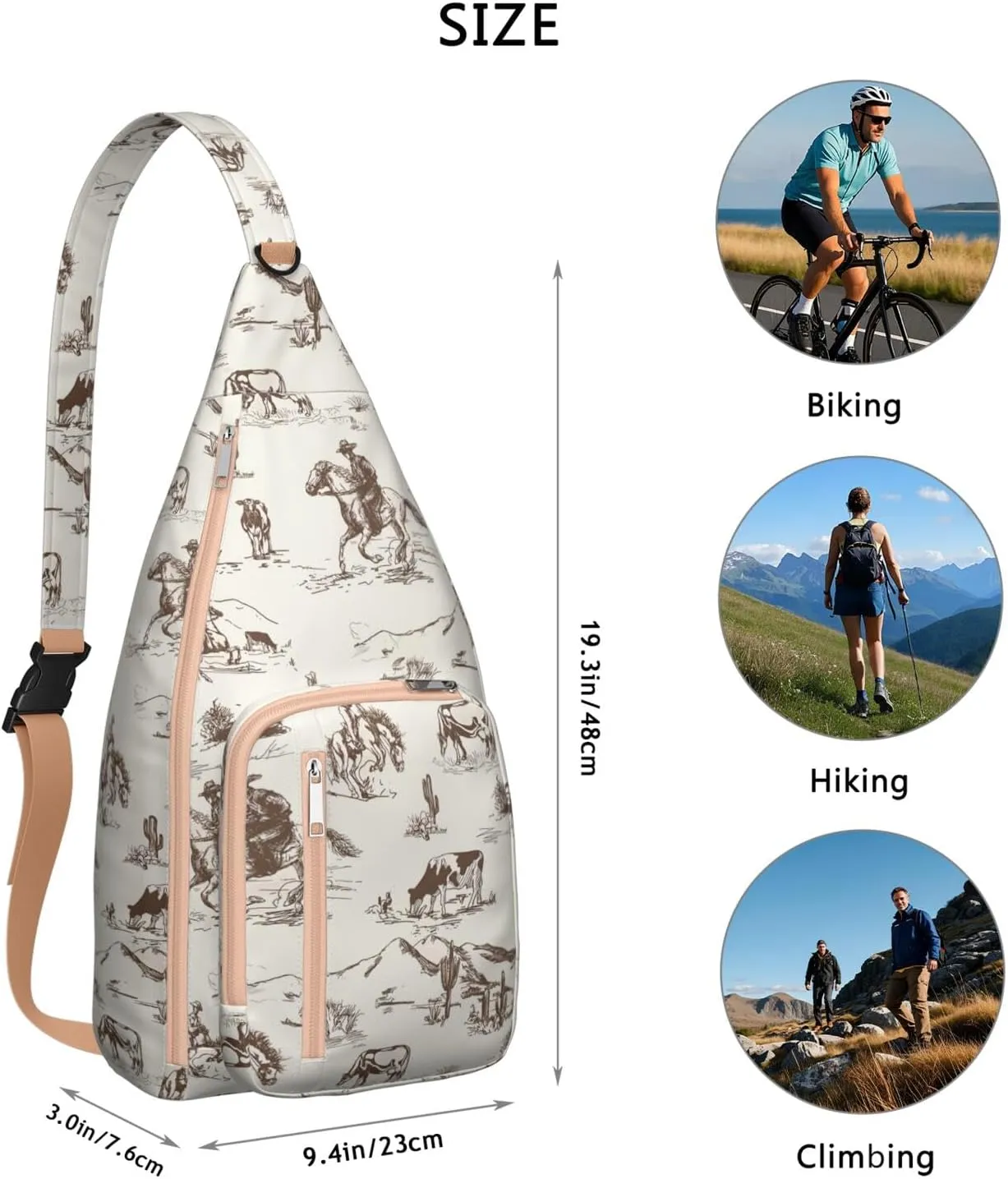Horse rural flower Crossbody Bag Daypack for Women Men Lightweight Waterproof Sling Bag Backpack Hiking Cycling