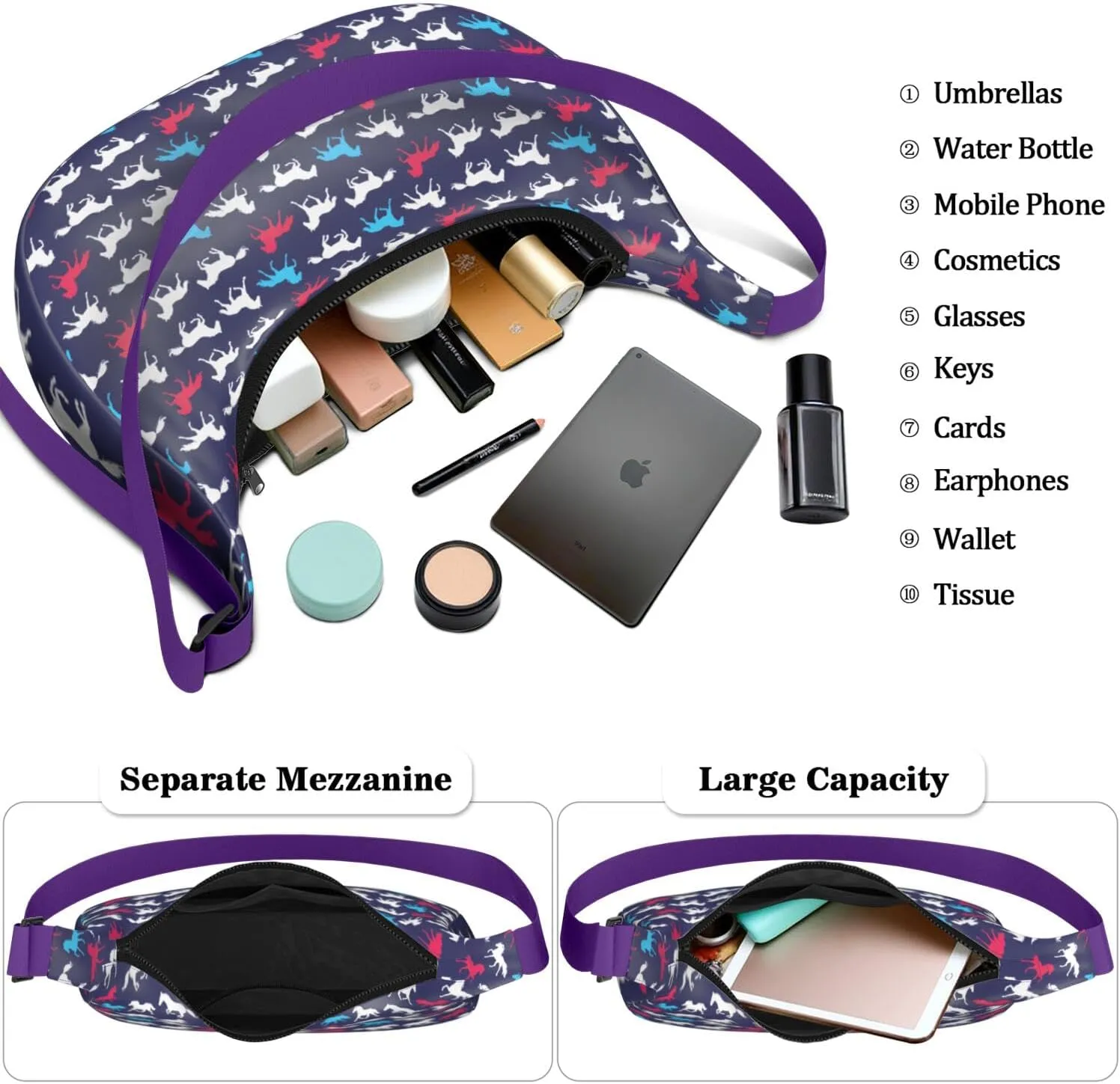 Horse Sling Crossbody Bag for Women Crescent Bag with Adjustable Strap Waterproof Nylon Pony Floral Shoulder Bag for Daily