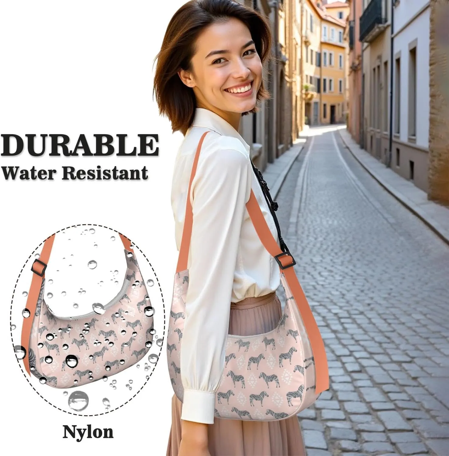 Horse Sling Crossbody Bag for Women Crescent Bag with Adjustable Strap Waterproof Nylon Pony Floral Shoulder Bag for Daily