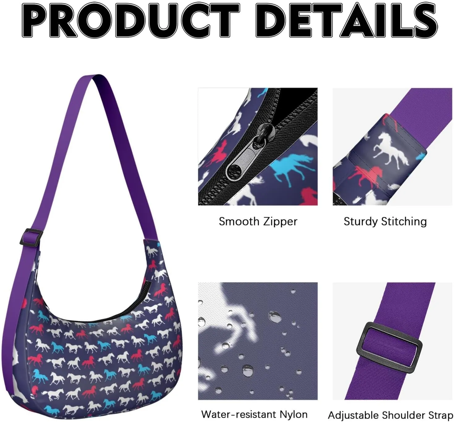 Horse Sling Crossbody Bag for Women Crescent Bag with Adjustable Strap Waterproof Nylon Pony Floral Shoulder Bag for Daily