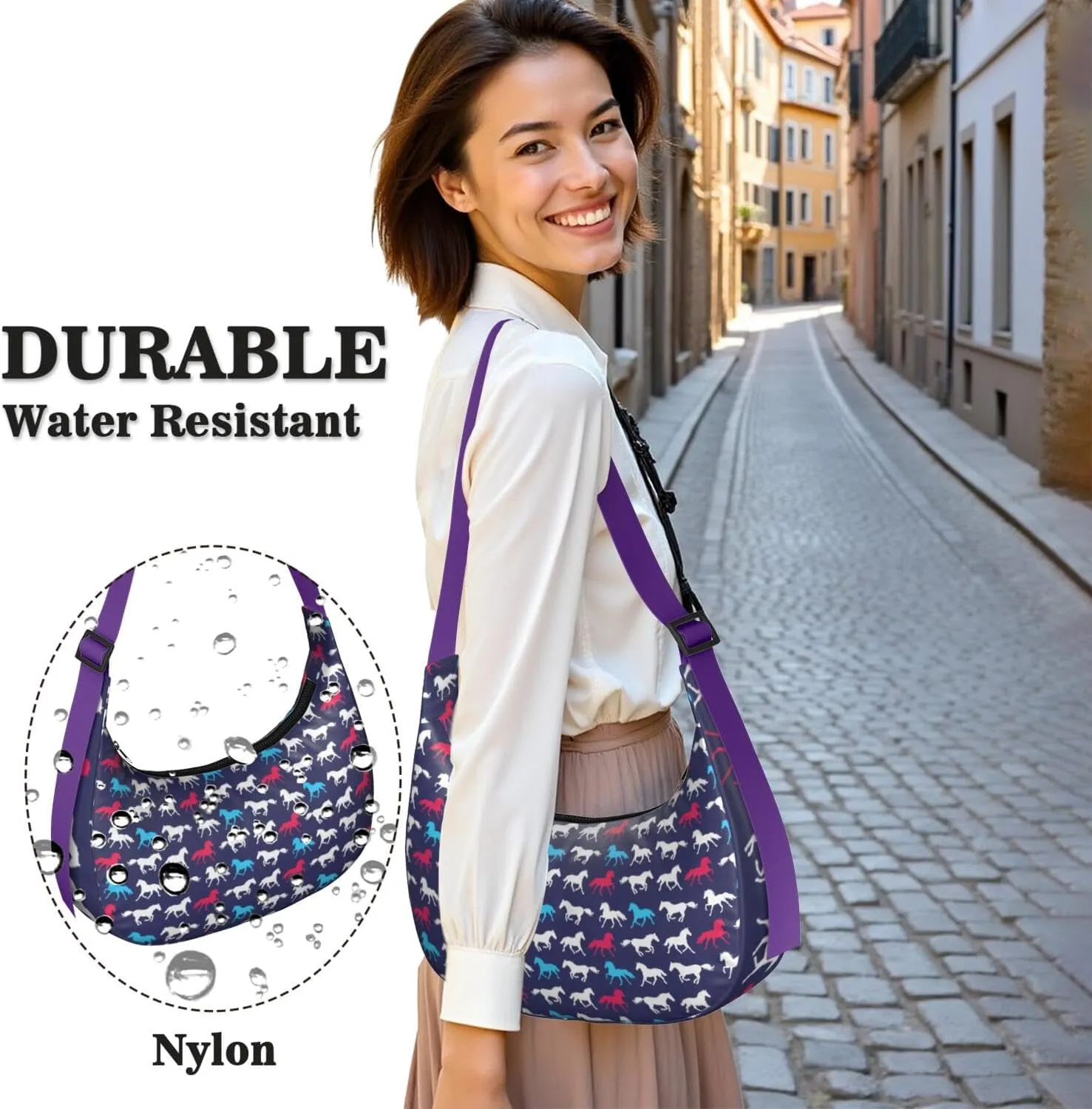 Horse Sling Crossbody Bag for Women Crescent Bag with Adjustable Strap Waterproof Nylon Pony Floral Shoulder Bag for Daily