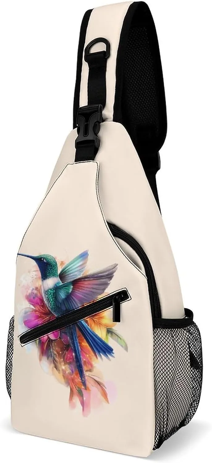 Hummingbird Flower Watercolor Casual Sling Bag Backpack Travel Shoulder Chest Crossbody Bags Adjustable Daypack Unisex