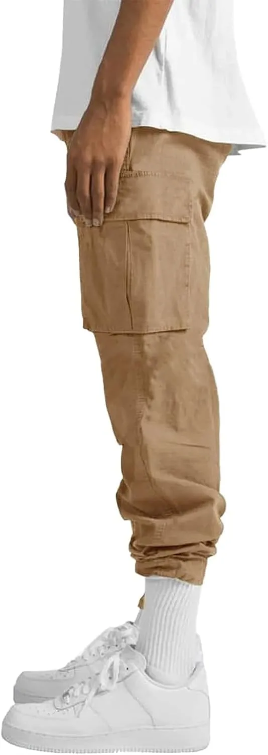 HUNGSON Mens Cargo Pants Drawstring Casual Hiking Pants Joggers Athletic Trousers Cotton Loose Straight Sweatpants for Men