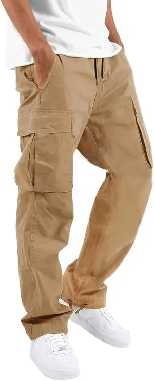 HUNGSON Mens Cargo Pants Drawstring Casual Hiking Pants Joggers Athletic Trousers Cotton Loose Straight Sweatpants for Men