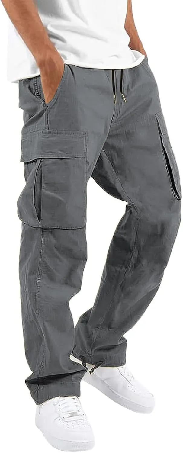 HUNGSON Mens Cargo Pants Drawstring Casual Hiking Pants Joggers Athletic Trousers Cotton Loose Straight Sweatpants for Men
