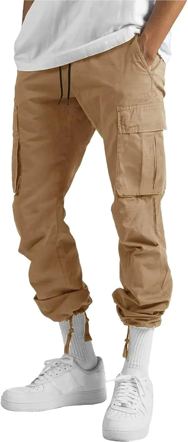 HUNGSON Mens Cargo Pants Drawstring Casual Hiking Pants Joggers Athletic Trousers Cotton Loose Straight Sweatpants for Men
