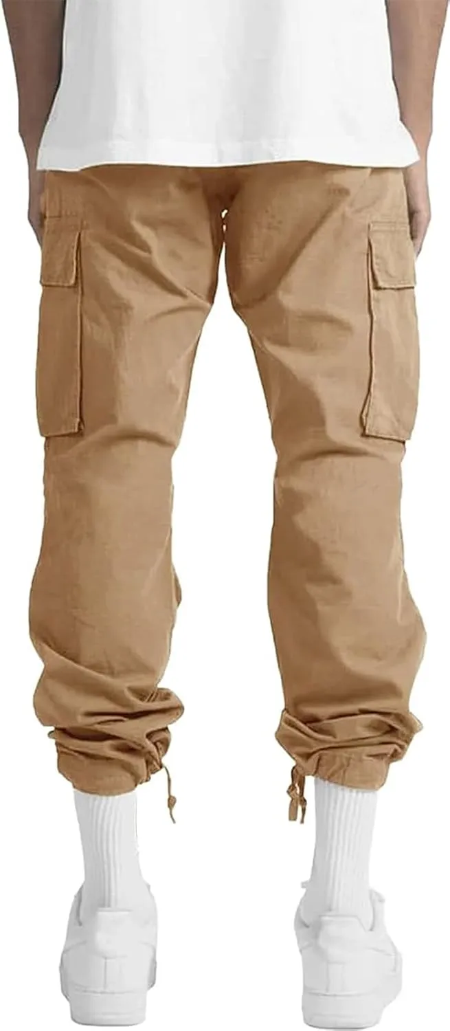HUNGSON Mens Cargo Pants Drawstring Casual Hiking Pants Joggers Athletic Trousers Cotton Loose Straight Sweatpants for Men